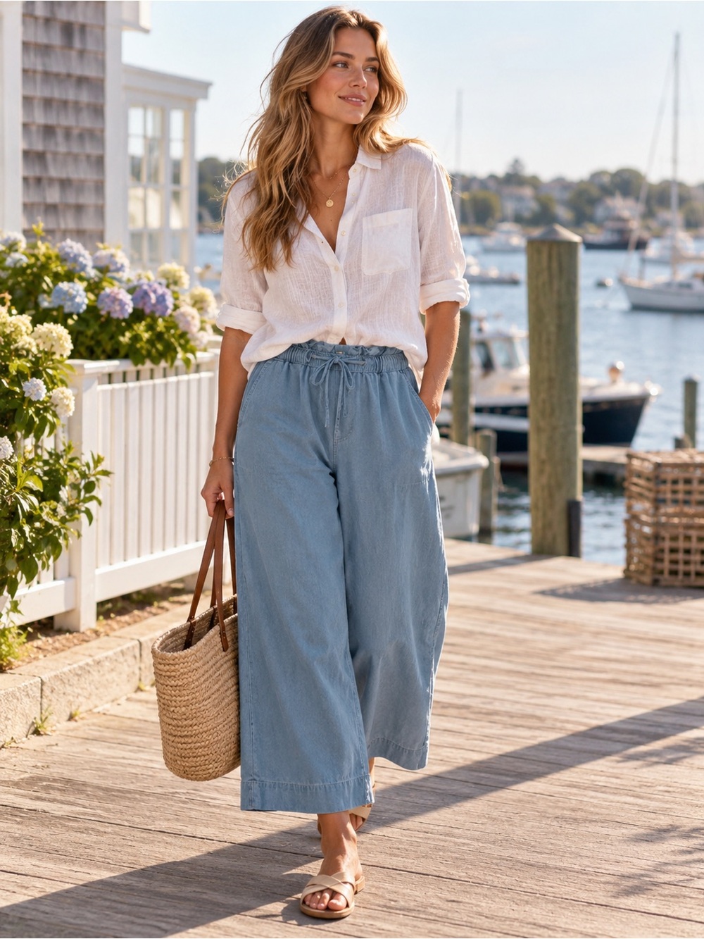 LOFT 100% Cotton Chambray Wide Leg Pants Paperbag Drawstring Crop Coastal Med